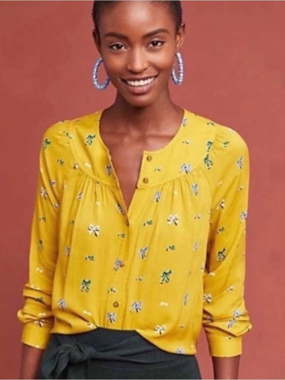Anthropologie Yellow Floral Button-Front Blouse